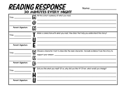 Reading Response Homework Template By Michael Koss Tpt