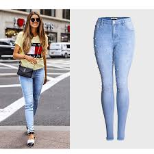 China Light Blue Pearl Studded Fringed Frayed Hem Women Denim Jeans China Jeans And Women Jeans Pants Price