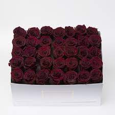 Букет 35 бордовых роз в прямоугольной белой коробке - Luxury Roses Спб