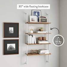 Nathan James Theo 4 Shelf Bookcase Floating Wall Mount Natural Wood Industrial Pipe Metal Frame Oak White