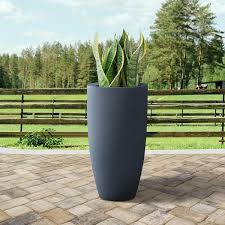 Sapcrete 23 H Concrete Tall Garden Plant Pots Modern Round Lightweight Planters With Drainage Hole For Outdoor Indoor Charcoal Grey