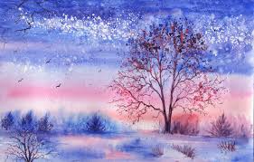 Wallpaper winter, grass, trees, birds ...