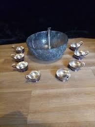 Antique Glass Punch Bowl Set 8 Silver