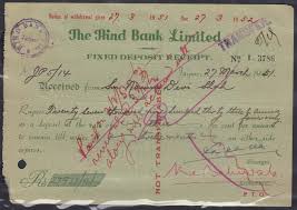 The deposit, also referred to as. India 1951 Fixed Deposit Receipt Of Hind Bank 1159