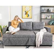 84 In Width Gray Striped Polyester Full Size Sofa Bed With Storage Chaise Lounge And Usb Ports
