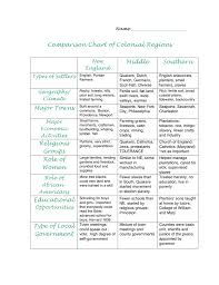 Comparison Chart Of Colonial Regions Middle Southern Religious