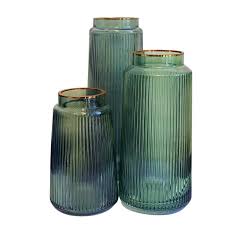 fluted glass vase with gold rim green
