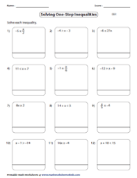 A) x < ±2 b) x ! One Step Inequalities Worksheets