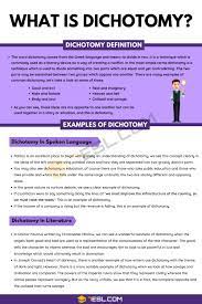 It is a technique which is commonly used as a literary device as a way of creating a conflict. Dichotomy Definition Examples Of Dichotomy In Speech Literature 7esl