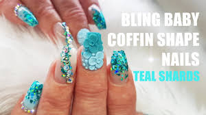 Acrylic Nails Short Coffin Bling Crystals Holographic Teal Design Glitter Planet Uk