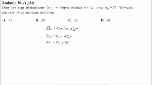Matura czerwiec 2013 zadanie 20 Dany jest ciąg arytmetyczny (an) w którym  różnica r=−2 oraz a20=17. - YouTube