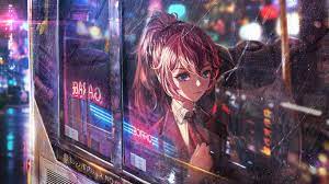 1366x768 Anime Girl Bus Window Neon ...