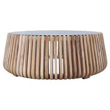 Betty Coastal Beach Glass Top Slatted Teak Wood Round Round Coffee Table Large Kathy Kuo Home