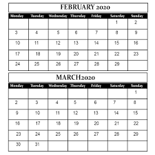 February And March 2020 Calendar Printable Monthly