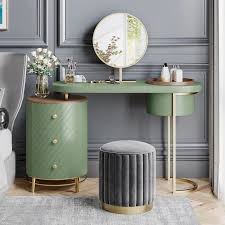 makeup vanity table with led lighted mirror dressing table with movable tray top 4 wood drawer without stool for bedroom green
