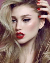 bold makeup red lips and cat eyes
