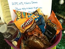 Perishable items such as food, candy, fruit, or flowers, so long as they are to be shared with other postal workers. Snack Basket And Small Gifts For Mail Carriers And Delivery Drivers