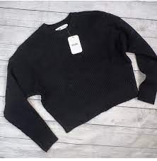 NWT Elodie Brand Black Ribbed Cropped Crew Neck Sweater XS 