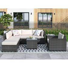 Harper Bright Designs Deep Seating High End 8 Piece Gray Wicker Outdoor Sectional Set With Extra Thick Beige Cushions