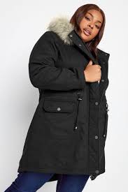 Black Faux Fur Hood Parka Coat