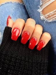 Two of the nails feature glitter stripes and pearls while the other nail these short nails are vibrant red with one accent nail. 50 Coffin Acrylic Nail Designs For Short Nails Koees Blog Red Gel Nails Ballerina Gel Nails Red Nails