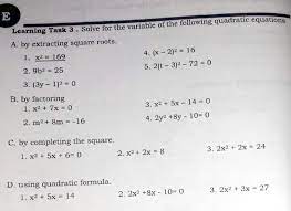Quadratic Equations Learning Task