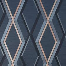 .navy geometric wallpaper, navy fretwork wallpaper, wallpapered powder room, orange abstract art print, blue and green striped rug, window trim, navy grosgrain trimmed roman shade, navy and white. Superfresco Easy Prestige Geometric Wallpaper Navy Wilko