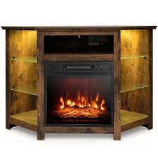 Fireplace Corner Tv Stand With Led Lights And Smart App Control For 50 Inches Tv Rustic Brown Costway