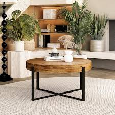 Modern Round Outdoor Coffee Table With Fir Wood Table Top And Black Metal Legs Base