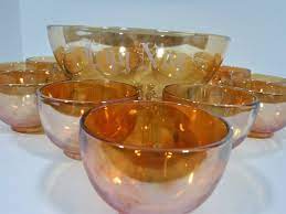 Myretrorecollections Iridescent Peach Er Ware Eggnog Set Jeanette Glass Moderne Marigold Carnival Glass 10 Piece Set