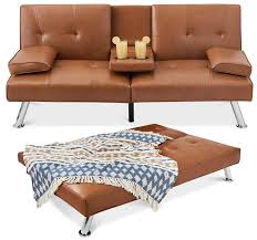 Best Choice S Modern Faux Leather Convertible Futon Sofa W Removable Armrests 2 Cupholders Tan