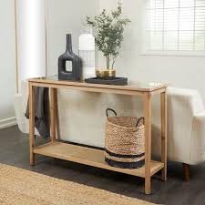 Litton Lane 47 In Brown Extra Large Rectangle Wood Slim Natural 1 Shelf Console Table With Glass Top And Rattan Shelf