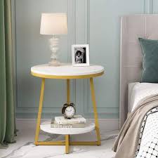 White Gold Wood Round End Table 2 Tier