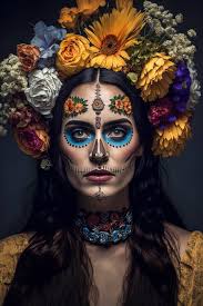 with skeleton makeup and flowers