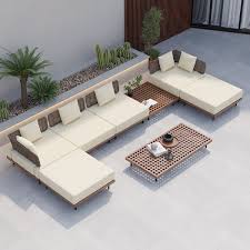 8pcs Outdoor Teak Modular Sofa Beige
