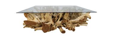 A large, round glass top coffee table with a base comprising a solid piece of natural teak root. Coffee Table Solid Teak Root W G 130 80 44 140 90 Coffee Side Tables Henk Schram Meubelen