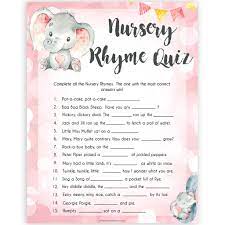 The best size for these games is a4 but you can resize and scale these according to your requirements, using your printer's settings. Nursery Rhyme Quiz Game Pink Elephant Printable Baby Shower Games Ohhappyprintables