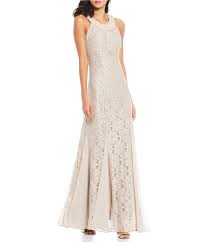 R M Richards Petite Size Pearl Halter Neck Long Sleeveless Godet Lace Gown