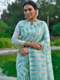 light blue jamdani silk saree