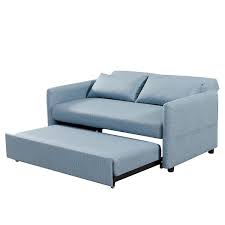 57 In Blue Modern Convertible Full Size Pull Out Faux Leather Sleeper Sofa Bed Reclining With Adjustable Backrest