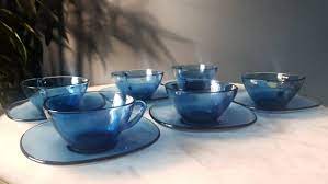 70 S Blue Vereco Glass Cups And Saucers