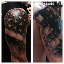 Black and white american flag tattoo on man left half sleeve. Black And White American Flag On Shoulder Vtwctr