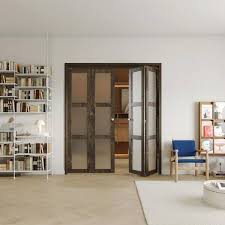 30 In X 80 In Gray Brown Mdf Water Proof Pvc Covering Three Frosted Glass Panel Bi Fold Interior Door For Closet