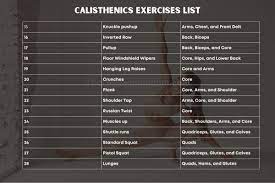 calisthenics exercises list for each