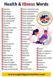 First aid vocabulary and types of injuries: Health And Illness Words Vocabulary List English Grammar Here