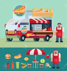 Hot Dog Street Cart And Food Truck With Chef And Design Element , Include Fast Food,hamburger,vegetable,chair,desk,icon, For Use In Info Graphic Project. Royalty Free Cliparts, Vectors, And Stock Illustration. Image 42838045.