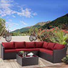 Cesicia 7 Pieces Wicker Outdoor Patio Furniture Set All Weather Sectional Sofa With Red Cushion And Coffee Table