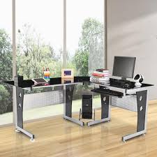 Homcom L Shaped Corner Computer Desk Gaming Table Home Office Workstation Glass Top P2 Mdf With Keyboard Tray Black