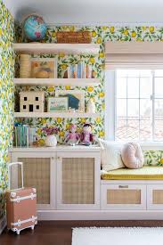 Diy kids bookshelves made with old drawers and ikea spice racks: White Floating Shelves On Lemon Print Wallpaper Transitional Girl S Room