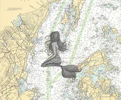 Mermaid Artwork On Nautical Chart Print Camden Rockport Rockland